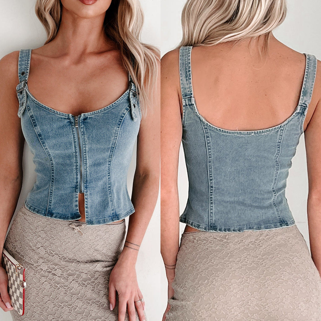 Damen Denim-Corsage mit Reißverschluss und verstellbaren Trägern Drune