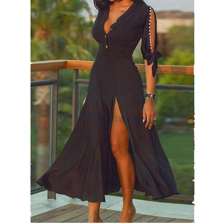 Damen nan Maxikleid im Abendlook mit tiefem V-Ausschnitt, hohen Frontschlitzen und geknoteten Cut-Out-Ärmeln Drune
