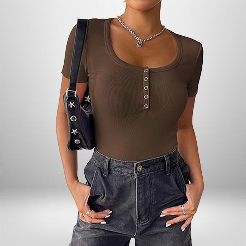 Damen Kurzarm Bodysuit mit Knopfdetails und figurbetonter Silhouette Drune