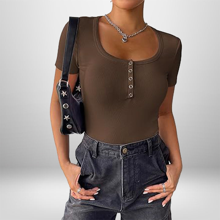 Damen Kurzarm Bodysuit mit Knopfdetails und figurbetonter Silhouette Drune
