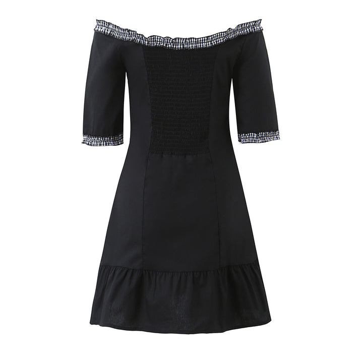 Damen Off-Shoulder Carmenkleid mit Knopfleiste, taillierter A‑Linie und kariertem Rüschenbesatz Drune