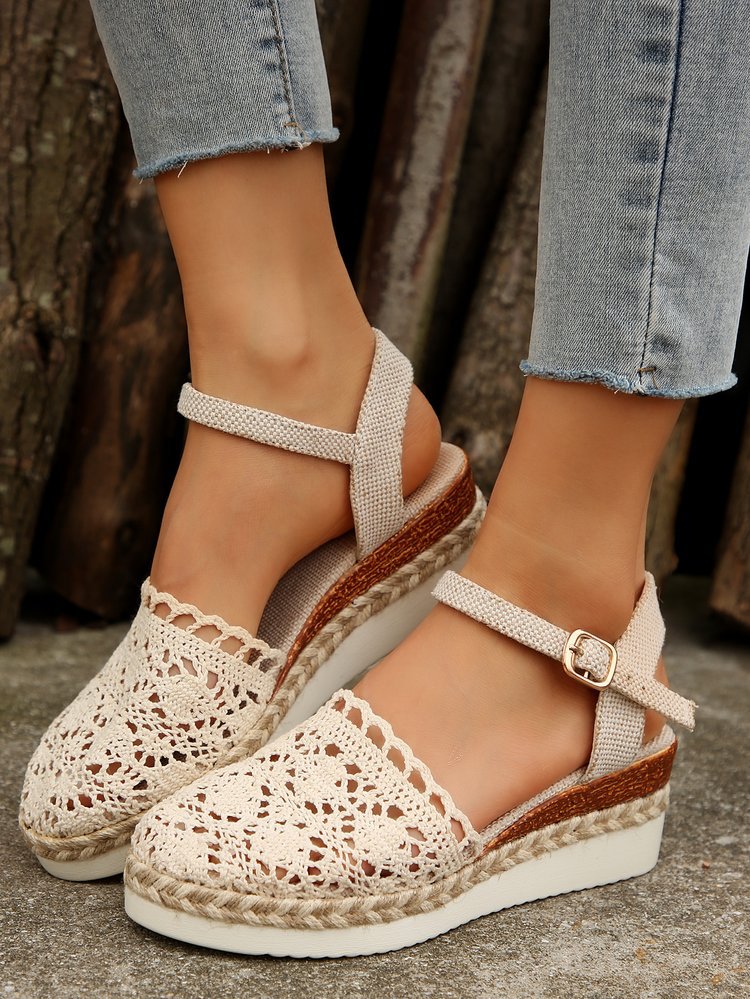 Damen Espadrille-Sandalen mit filigranem Häkel-Design und elastischem Knöchelriemen Drune