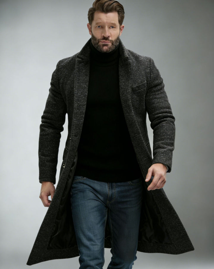 Herren Eleganter einreihiger Langmantel aus Wollmix mit schmaler Silhouette und Reverskragen Drune