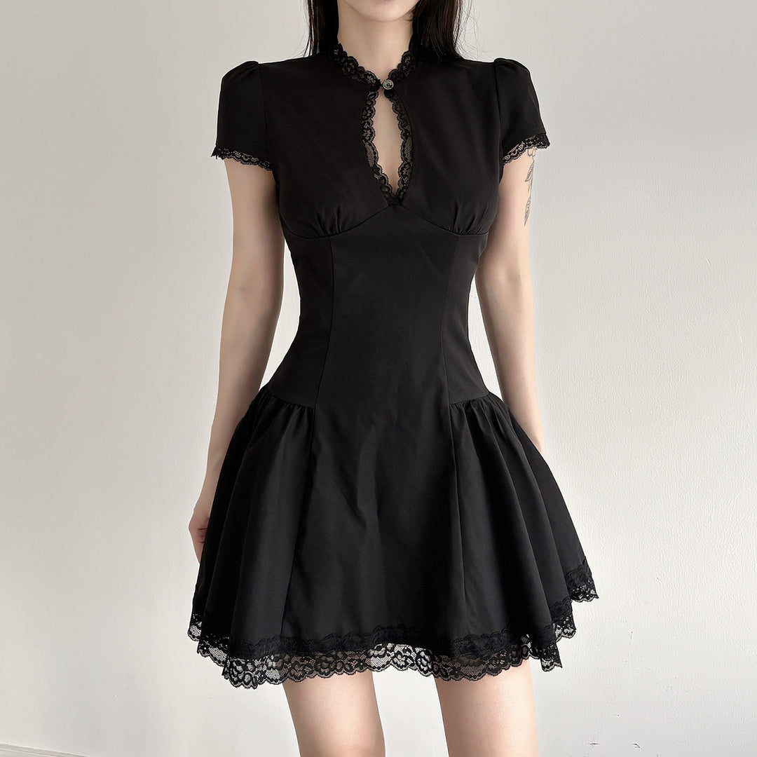 Damen verspieltes Puffärmel-Kleid mit Spitzenbesatz Drune