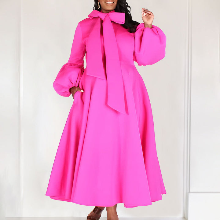 Damen Midi-Dress mit langen Puffärmeln und eleganter Schleife Drune