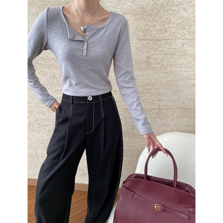 Damen Langarm-Henley-Shirt mit Knopfdetails Drune