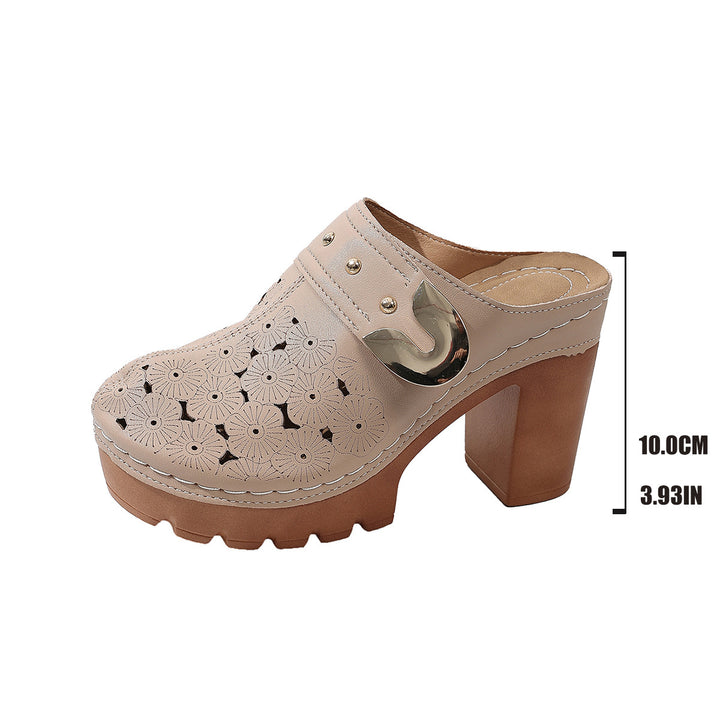 Damen Plateau-Clogs mit floralem Perforationsmuster, dekorativer Metallschnalle und hohem Blockabsatz Drune