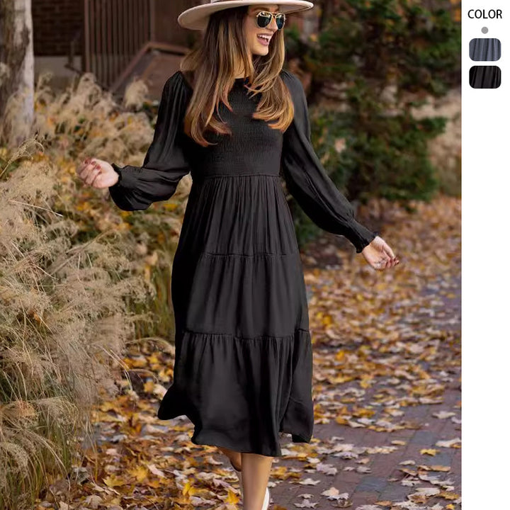 Damen lässiges Langarmkleid mit Raffung und Volantdetail Drune