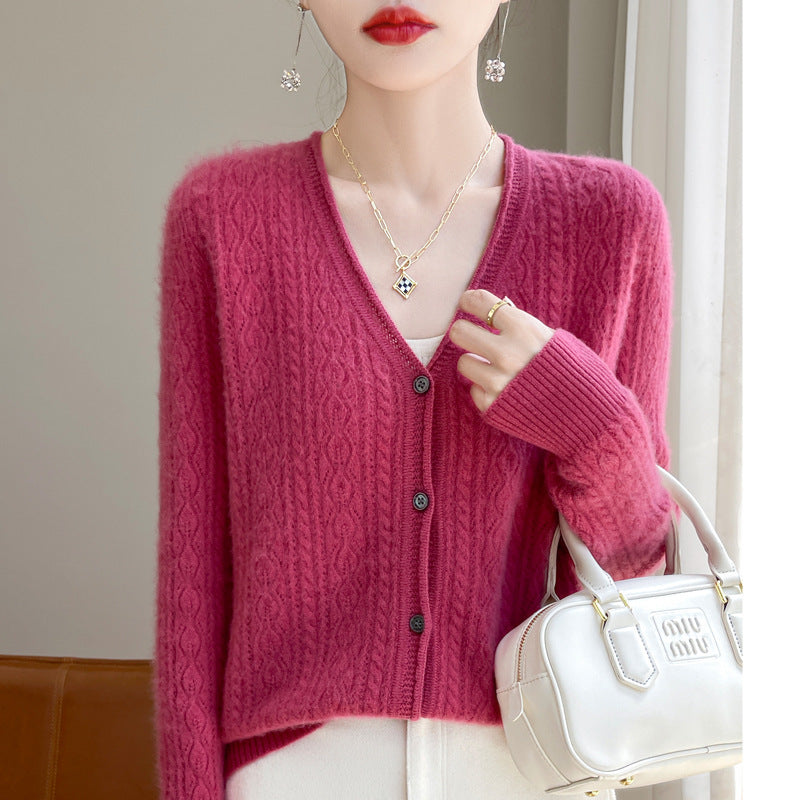 Damen Kurzer Zopfmuster-Cardigan im Mohair-Look mit V‑Ausschnitt und gerippten Bündchen Drune