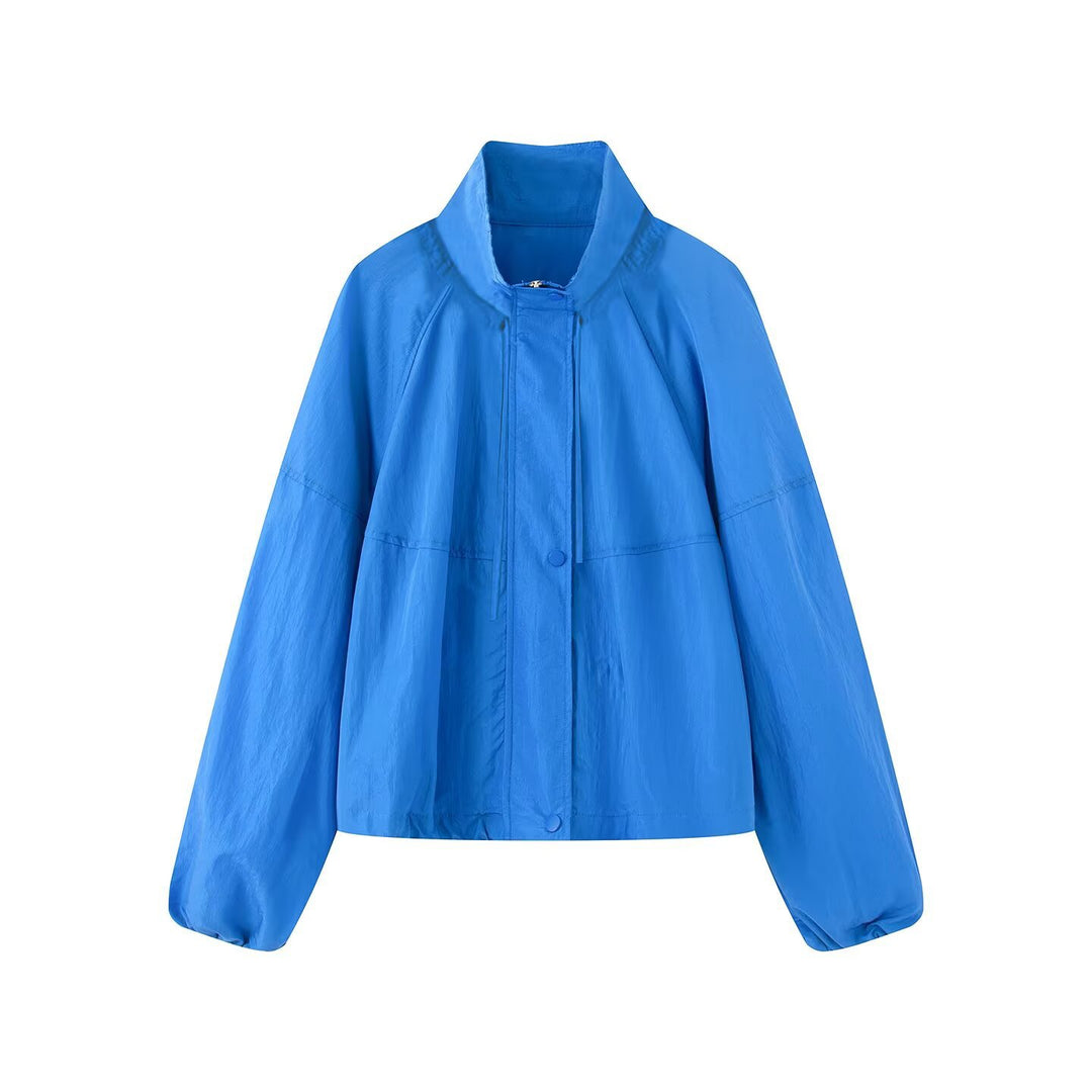 Damen Leichte Oversize-Blousonjacke aus Nylon mit Stehkragen, Kordelzug und Druckknopfverschluss Drune