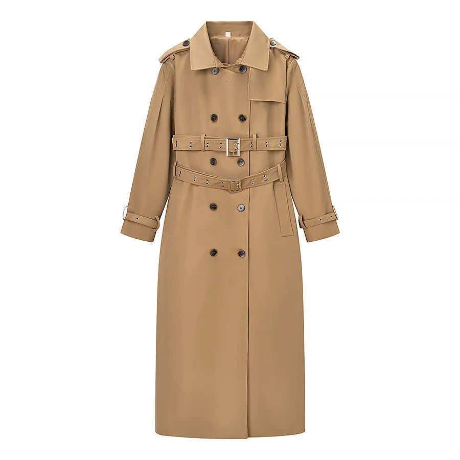 Damen nan langer taillierter Trenchcoat mit doppeltem Gürtel und Schalkragen Drune