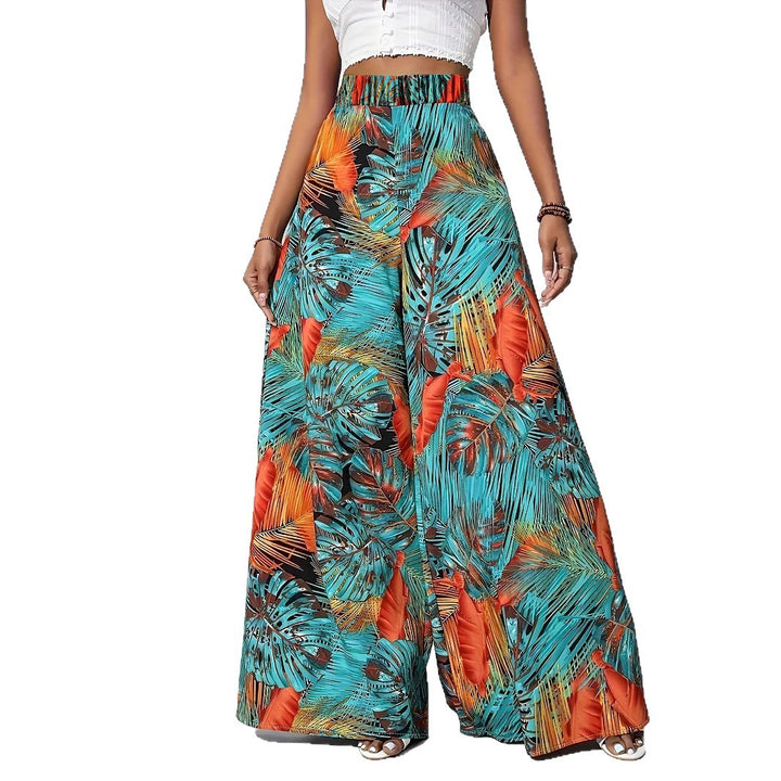 Damen Palazzo-Hose mit lebendigem Palmenmuster und elastischem High-Waist-Bund Drune