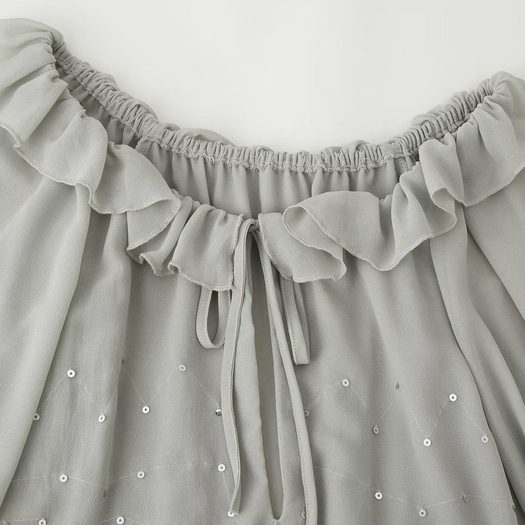 Damen Chiffon-Minikleid mit Rüschenkragen, Ballonärmeln und Paillettenbesatz Drune