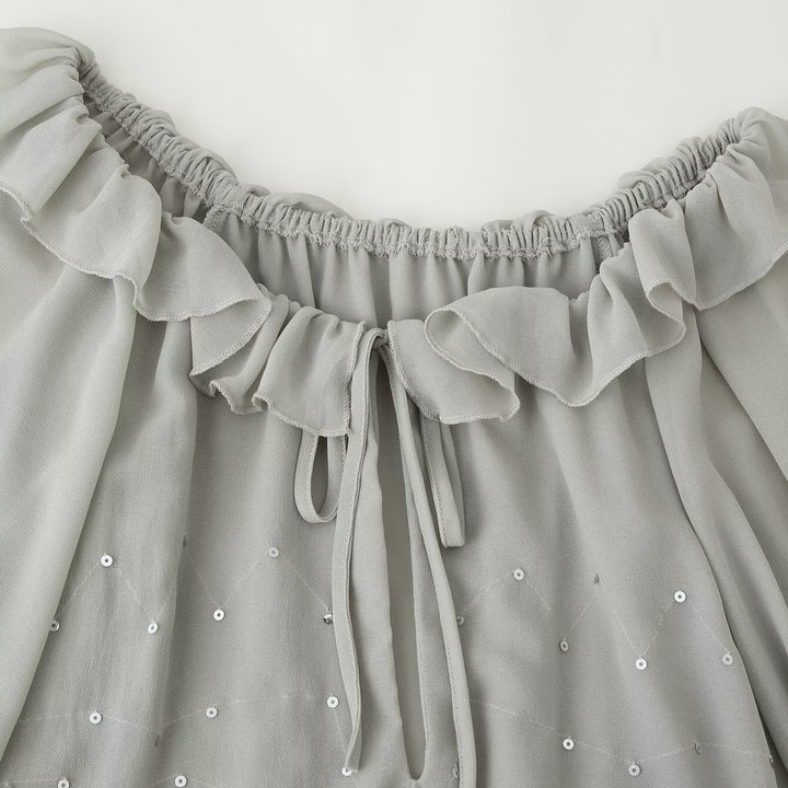 Damen Chiffon-Minikleid mit Rüschenkragen, Ballonärmeln und Paillettenbesatz Drune