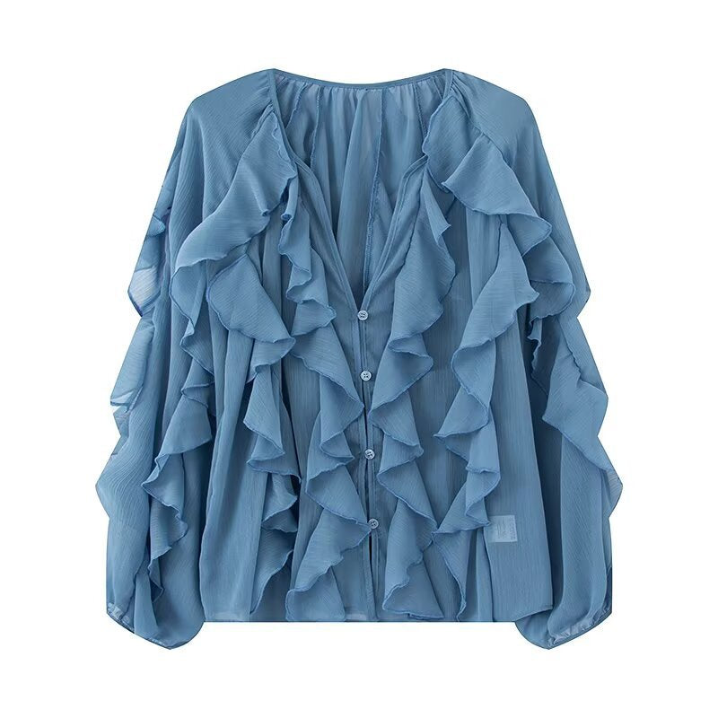 Damen Volant-Chiffonbluse mit Knopfleiste, gerafftem Ausschnitt und Ballonärmeln Drune