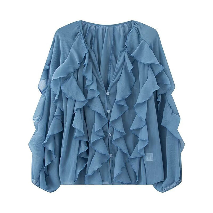 Damen Volant-Chiffonbluse mit Knopfleiste, gerafftem Ausschnitt und Ballonärmeln Drune