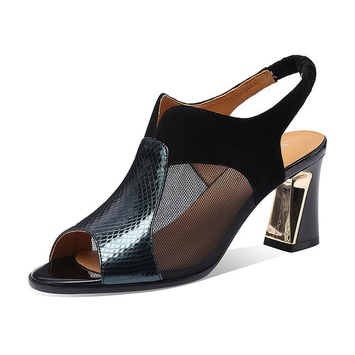 Damen nan elegante Sandalette mit offenem Zehenbereich Netz-Einsätzen und geformtem Blockabsatz Drune