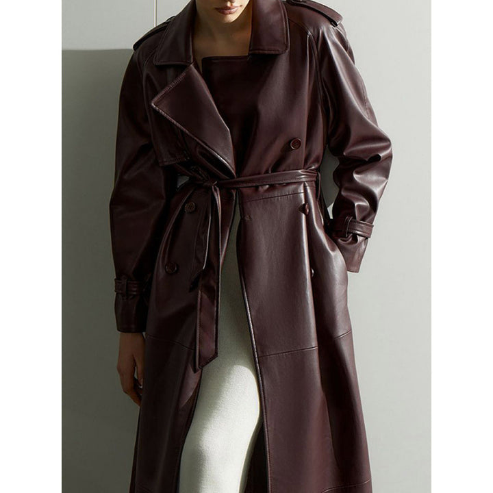 Damen modischer Kunstleder-Trenchcoat mit Gürtel und praktischen Taschen Drune