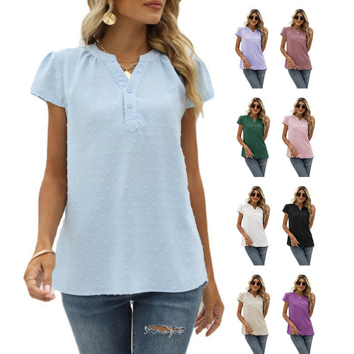 Drune | Jacquard Chiffon Locker V-Ausschnitt Kurzarm Top