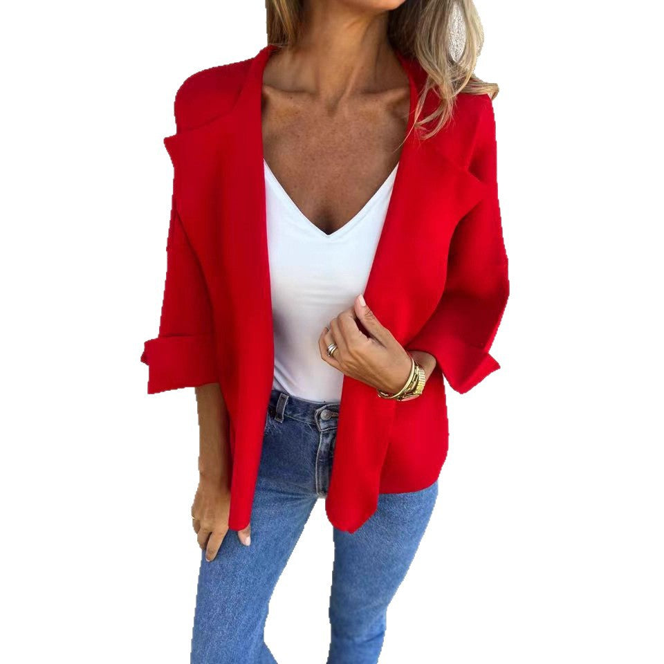 Damen nan legerer offener Strickcardigan mit Schalkragen krempelbaren Ärmeln und kastiger Silhouette Drune