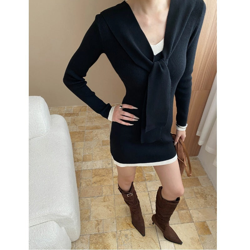 Damen figurbetontes Strickkleid mit stylischem Schalkragen und langen Ärmeln Drune
