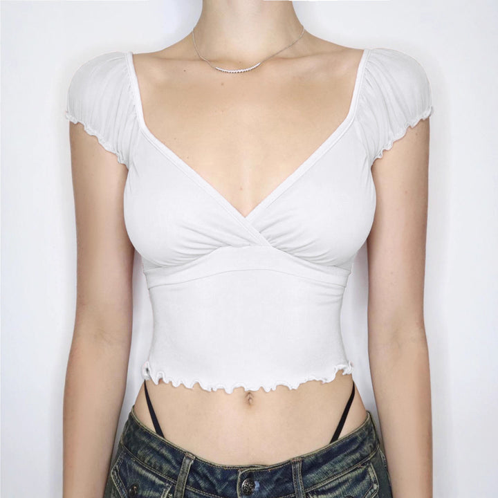 Damen Rüschentop mit weich fließendem Stoff und elegantem V-Ausschnitt Drune