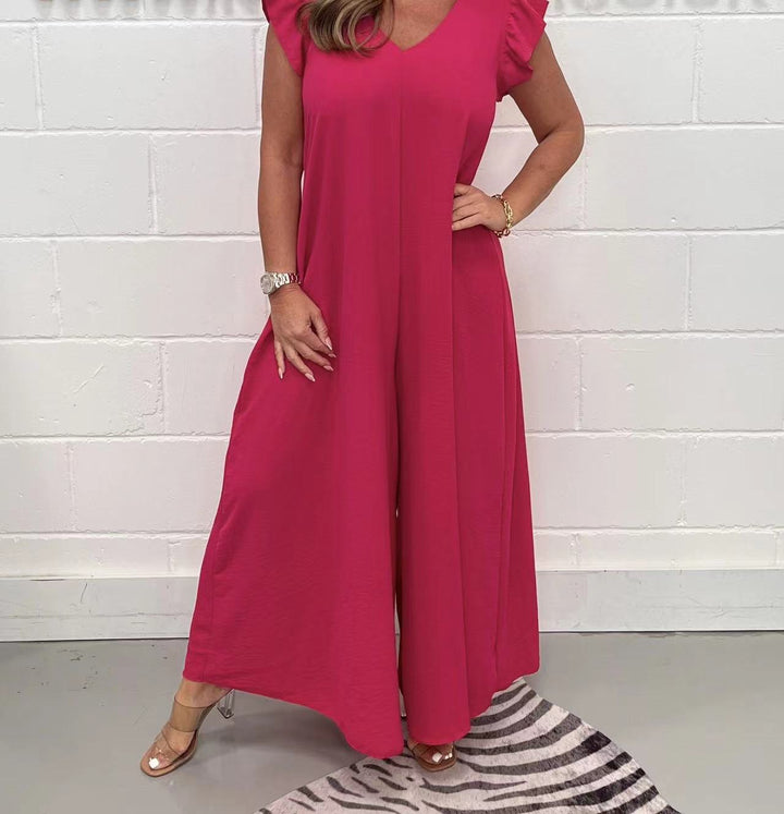 Damen gehobener Jumpsuit mit voluminösen Rüschenärmeln und V-Ausschnitt Drune