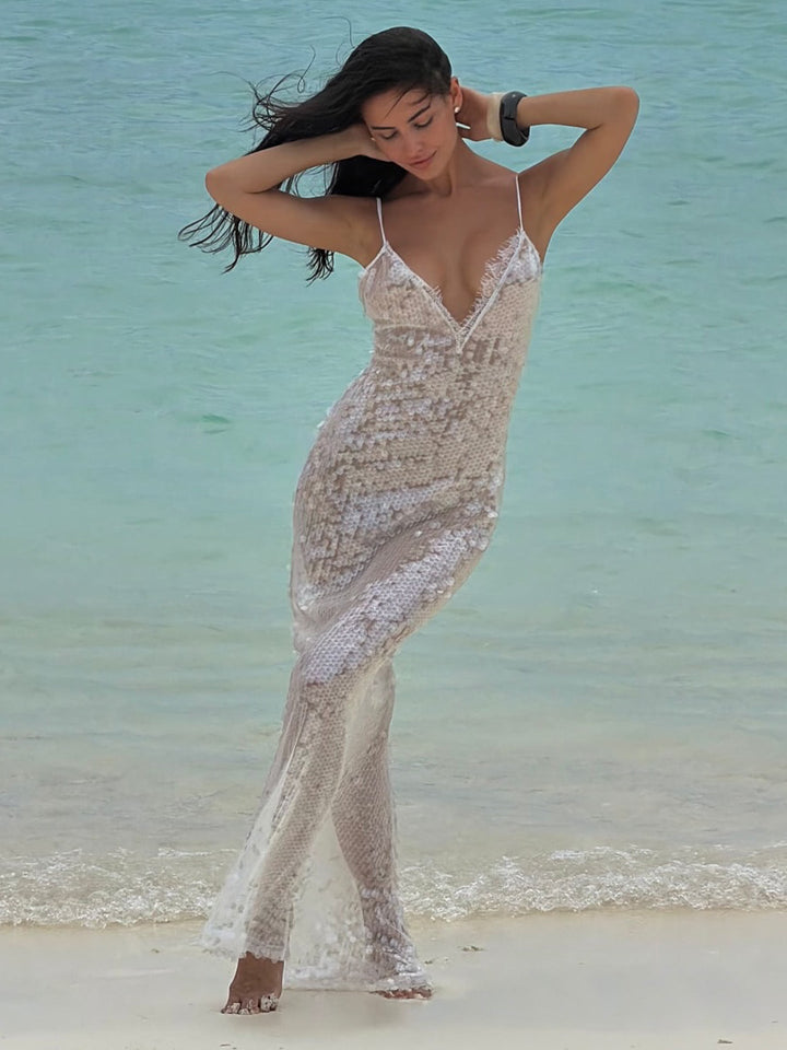 Damen Glitzerndes Strandkleid mit tiefem V-Ausschnitt und schmalen Spaghetti-Trägern Drune
