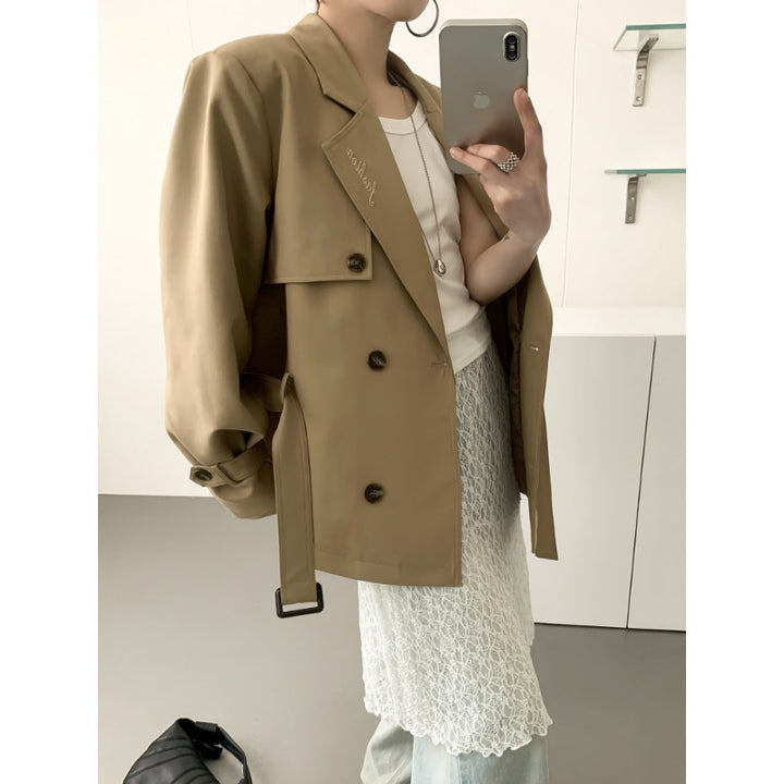 Damen Kurztrenchjacke mit taillierendem Bindegürtel und voluminösen Ballonärmeln Drune