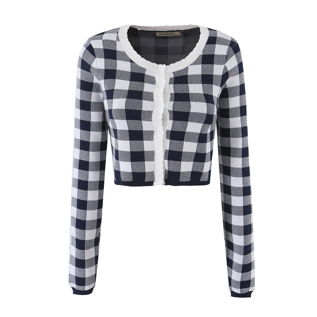 Damen Kurze karierte Feinstrick-Cardigan mit Wellenkante und Perlmuttknöpfen Drune