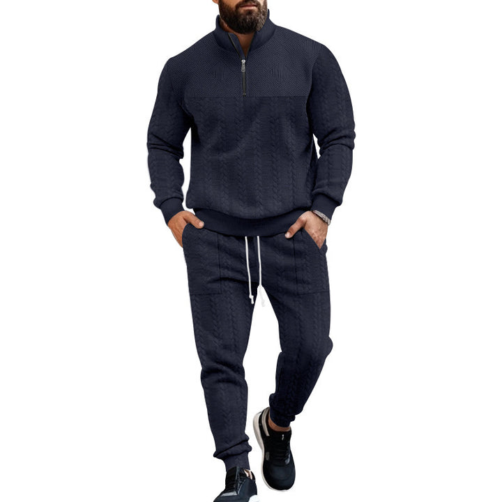 Herren nan Strick-Trainingsset mit halbem Reißverschluss, Zopfmuster-Pulli und Kordelzug-Jogger Drune