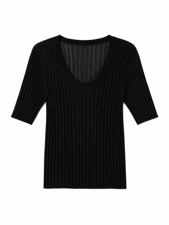Damen Geripptes Feinstrickshirt mit tiefem U-Ausschnitt und halblangen Ärmeln Drune