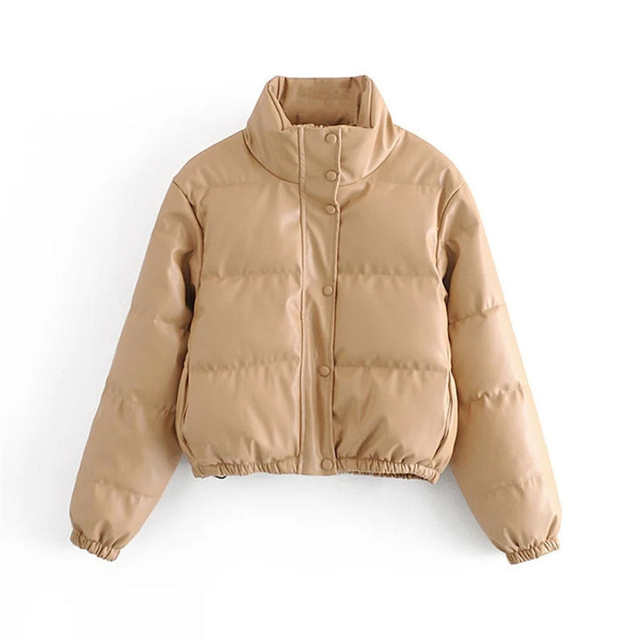 Damen nan kurzes gesteppte Kunstleder-Pufferjacke mit hohem Stehkragen, Druckknopfleiste und Kordelzugsaum Drune