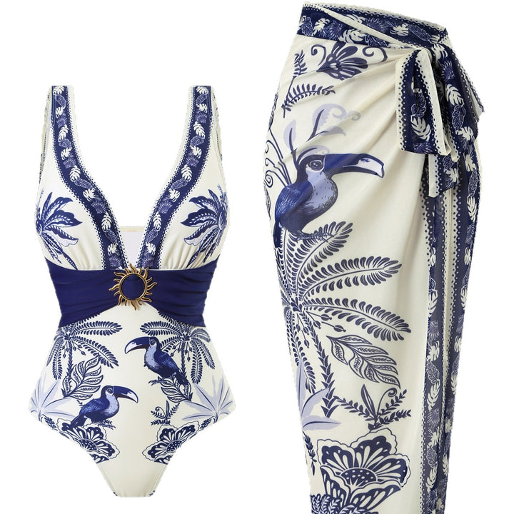 Damen Einteiliger Badeanzug mit floralem Design und elegantem Wickelrock Drune