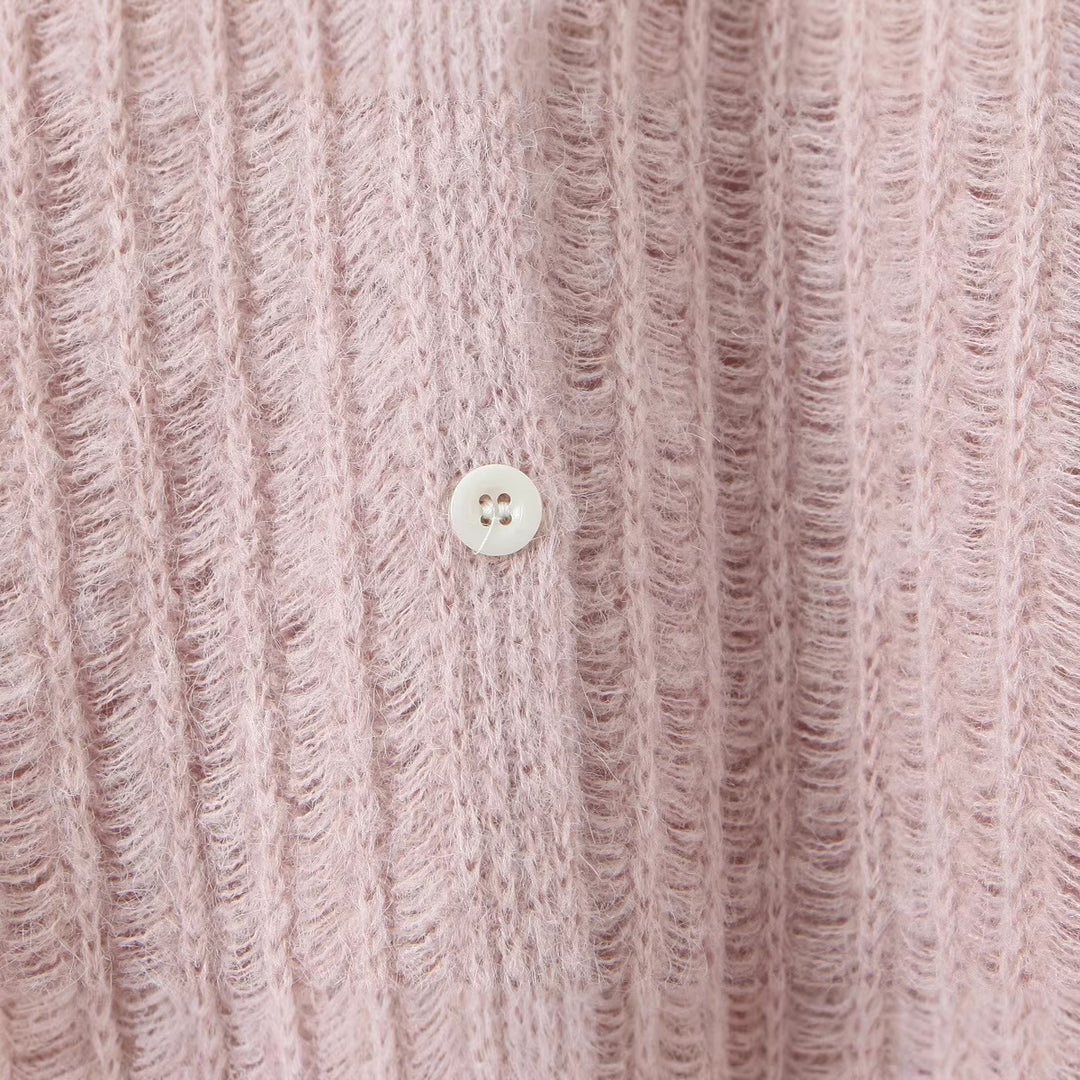 Damen Grob gestrickte Oversize‑Strickjacke mit Hemdkragen und Knopfleiste Drune