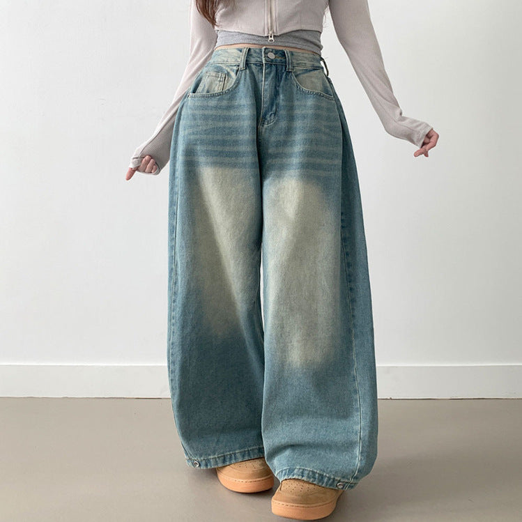 Damen Weite High-Waist Denim-Hose mit Faltenwurf Drune