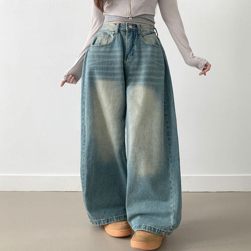 Damen Weite High-Waist Denim-Hose mit Faltenwurf Drune