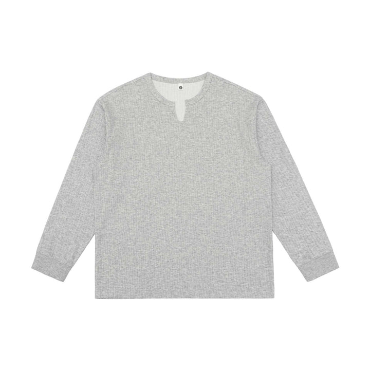 Unisex Leichtes Struktur-Langarmshirt mit Schlitzkragen und gerippten Bündchen Drune