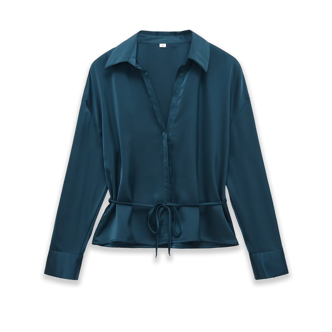 Damen Seidiges Hemdblusen-Shirt mit Bindegürtel und Schößchen Drune