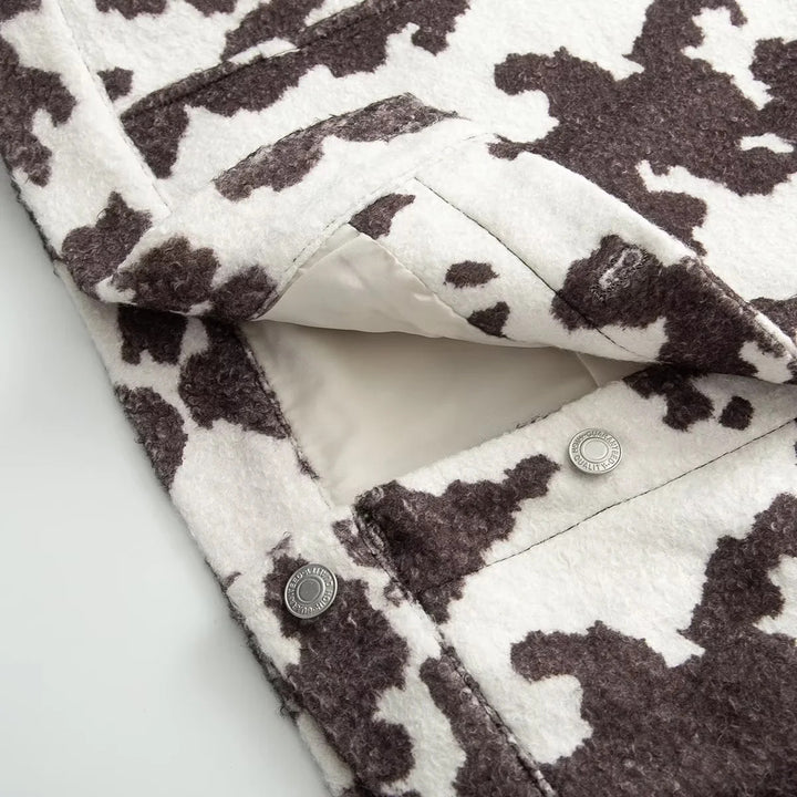 Damen nan oversized Teddyjacke mit Kuhflecken-Print und Lederimitat-Kragen Drune