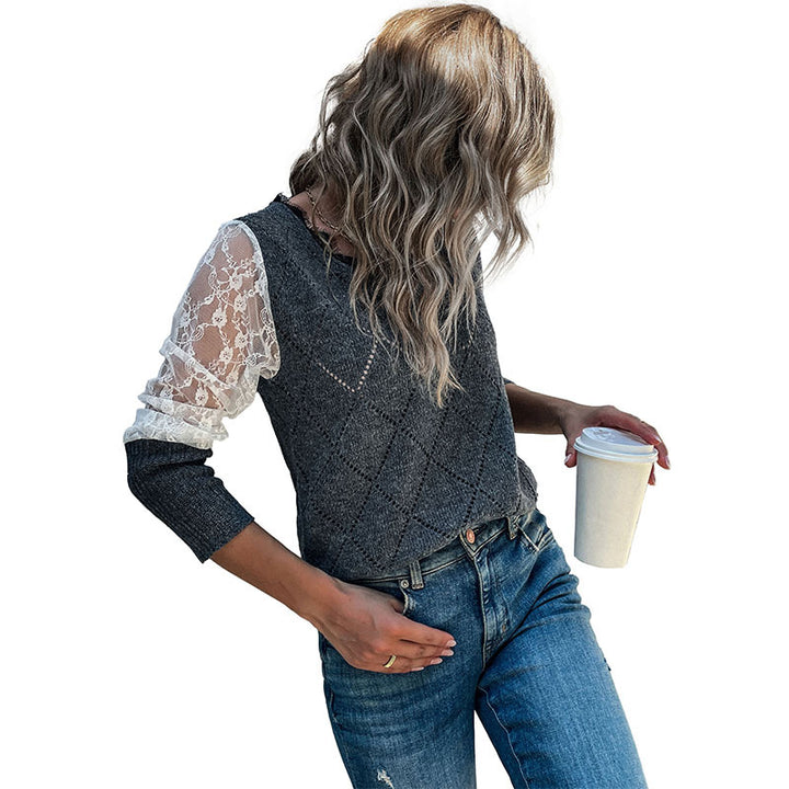 Damen Eleganter Strickpullover mit Spitzenärmeln Drune