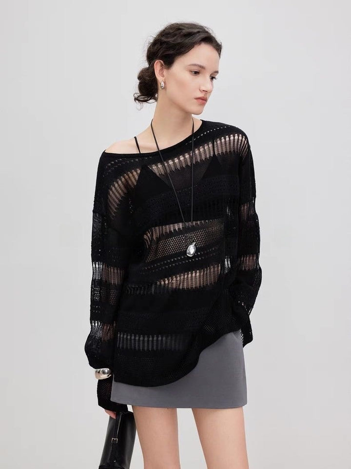 Damen luftiger Strickpulli mit trendy Lochmuster Drune