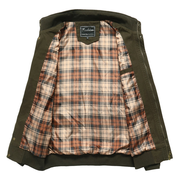 Herren Canvas-Bomberjacke mit kariertem Innenfutter, Stehkragen und Abzeichenapplikationen Drune