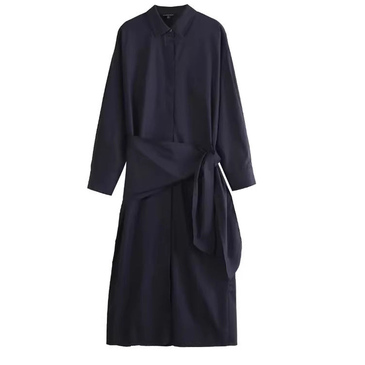 Damen Oversize-Hemdblusenkleid mit seitlichem Knotengürtel und Midilänge Drune