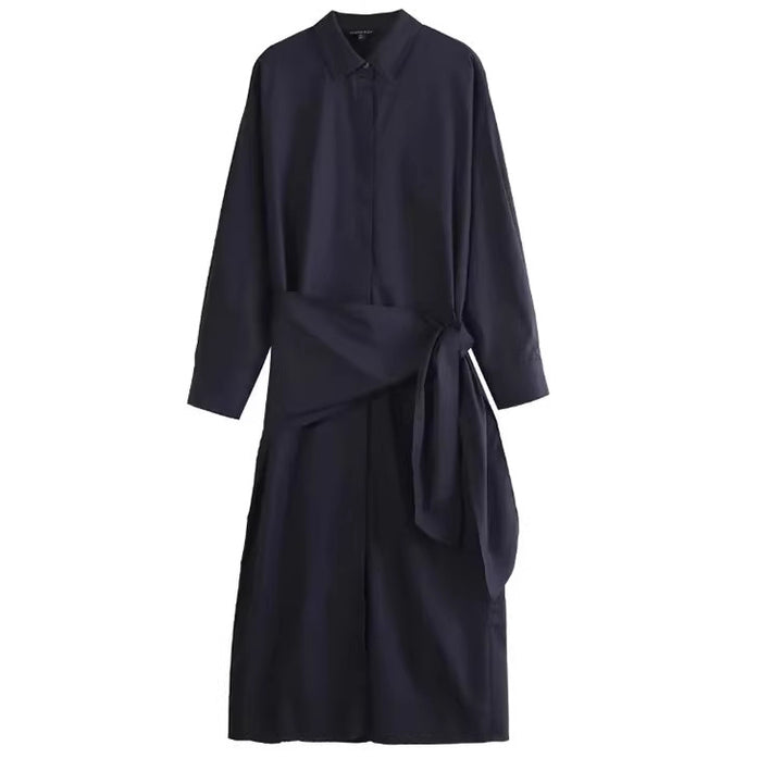 Damen Oversize-Hemdblusenkleid mit seitlichem Knotengürtel und Midilänge Drune