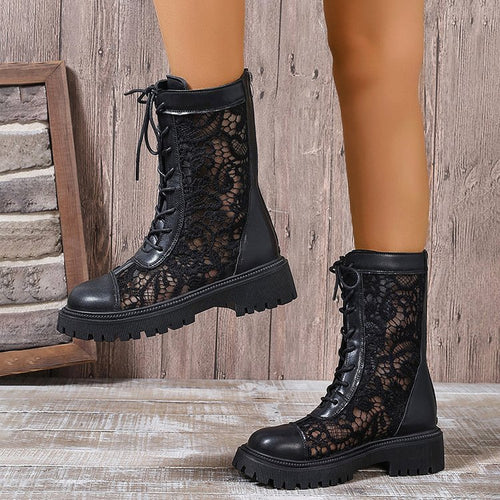 Damen Schnürstiefel mit Spitzeneinsätzen, robuster Profilsohle und Lederoptik Drune