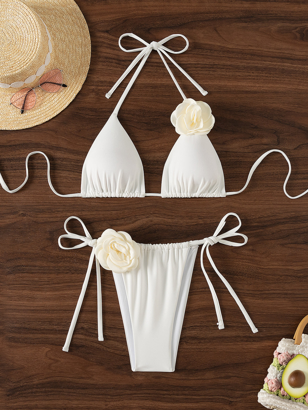 Damen Triangel-Bikini mit verspielten Blütenapplikationen und verstellbaren Bindebändern Drune