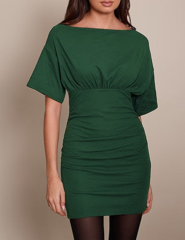 Damen Figurnahes Mini-Kleid mit U‑Boot‑Ausschnitt, Taillenraffung und Fledermausärmeln Drune