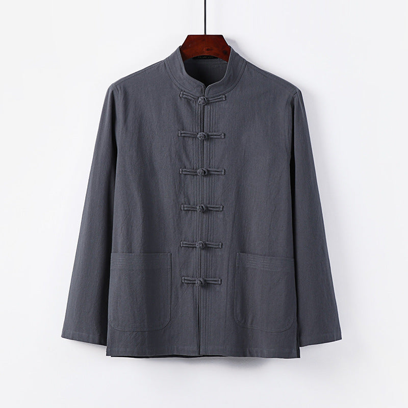 Herren traditionelle Tang-Jacke mit Stehkragen und Knotenknöpfen aus Leinenmischung Drune