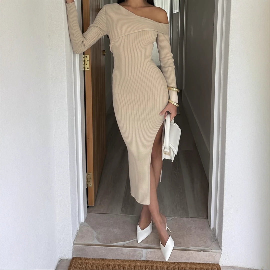 Damen nan eng anliegendes One-Shoulder-Rippenkleid mit asymmetrischem Ausschnitt und figurbetonter Midi-Silhouette Drune